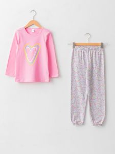 LC WAIKIKI Crew Neck Printed Long Sleeve Girls' Pajamas Set-Pink