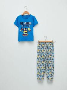 LC WAIKIKI Crew Neck Printed Short Sleeve Boys Pajamas Set-Blue